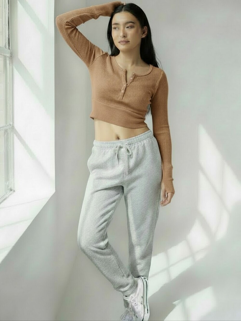 Aerie Offline Main Squeeze Waffle Weave Cropped Longsleeve Henley Top